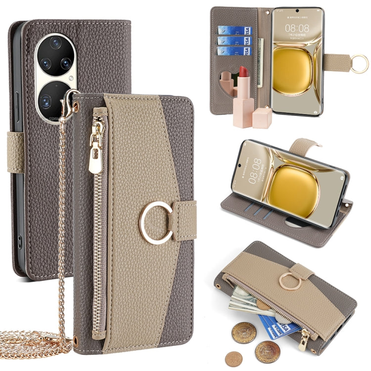 For Huawei P50 Pro Crossbody Litchi Texture Leather Phone Case(Grey) - Huawei Cases by PMC TechLife | Online Shopping South Africa | PMC TechLife | Buy Now Pay Later Mobicred