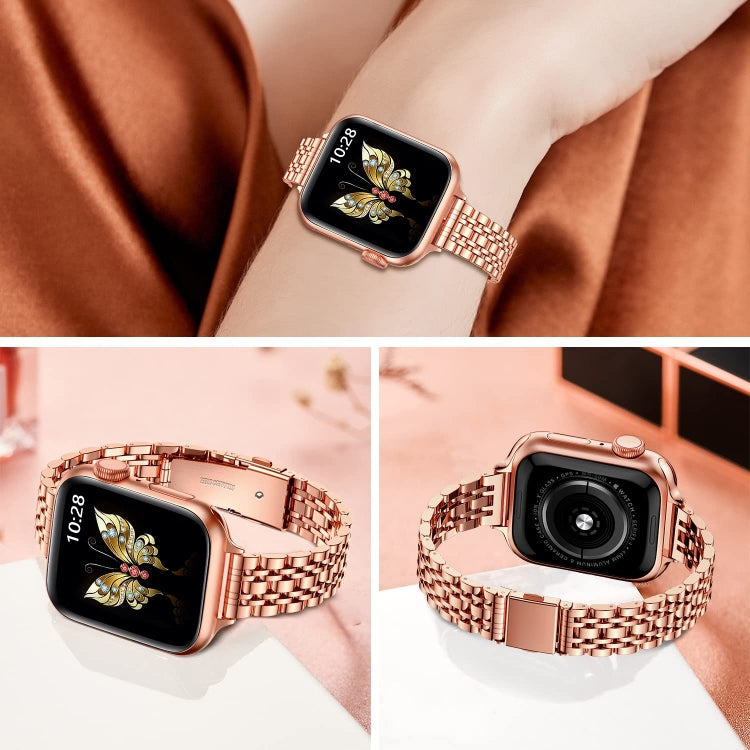 For Apple Watch Ultra 49mm Slim Seven Bead Slingshot Buckle Metal Watch Band(Rose Gold) - Watch Bands by PMC Jewellery | Online Shopping South Africa | PMC Jewellery