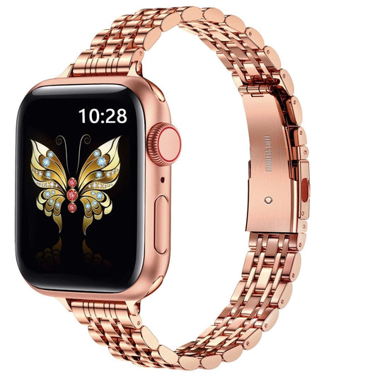 For Apple Watch Series 7 41mm Slim Seven Bead Slingshot Buckle Metal Watch Band(Rose Gold) - Watch Bands by PMC Jewellery | Online Shopping South Africa | PMC Jewellery