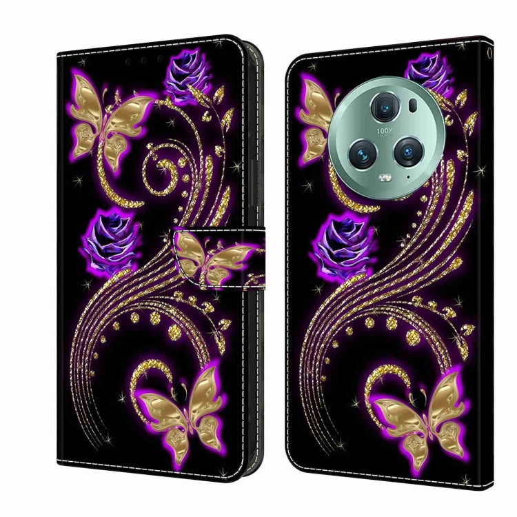 For Honor Magic5 Pro Crystal 3D Shockproof Protective Leather Phone Case(Purple Flower Butterfly) - Honor Cases by PMC Jewellery | Online Shopping South Africa | PMC Jewellery | Buy Now Pay Later Mobicred