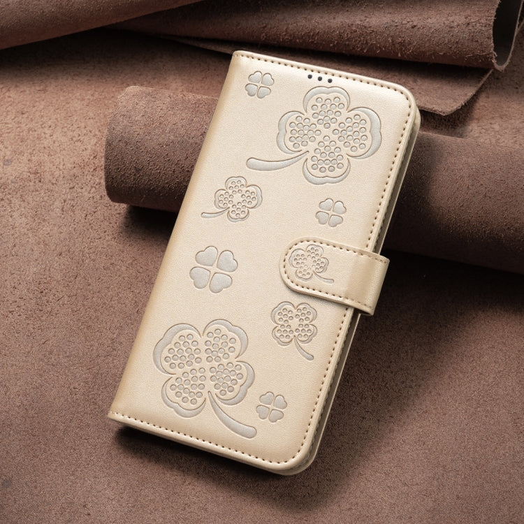 For iPhone 16 Plus Four-leaf Embossed Leather Phone Case(Gold) - iPhone 16 Plus Cases by PMC TechLife | Online Shopping South Africa | PMC TechLife | Buy Now Pay Later Mobicred