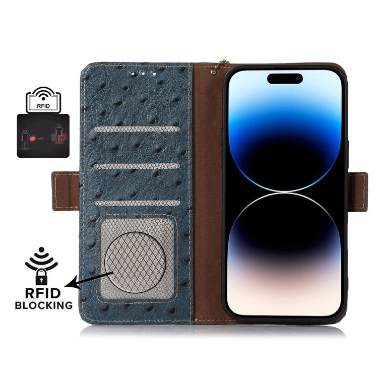 For Honor 100 Pro 5G Ostrich Pattern Genuine Leather RFID Phone Case(Blue) - Honor Cases by PMC TechLife | Online Shopping South Africa | PMC TechLife | Buy Now Pay Later Mobicred