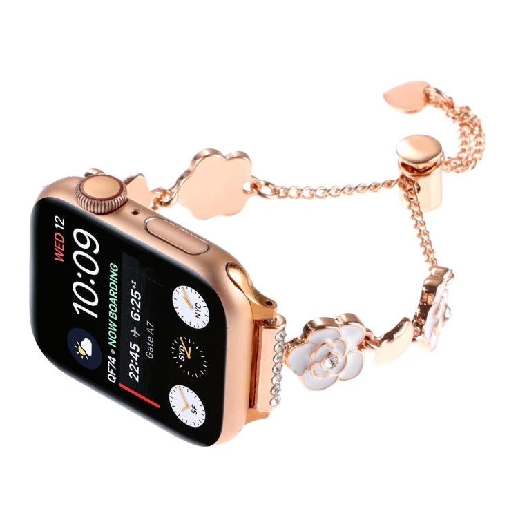 For Apple Watch SE 2023 44mm Camellia Metal Chain Bracelet Watch Band(White Rose Gold) - Watch Bands by PMC Jewellery | Online Shopping South Africa | PMC Jewellery