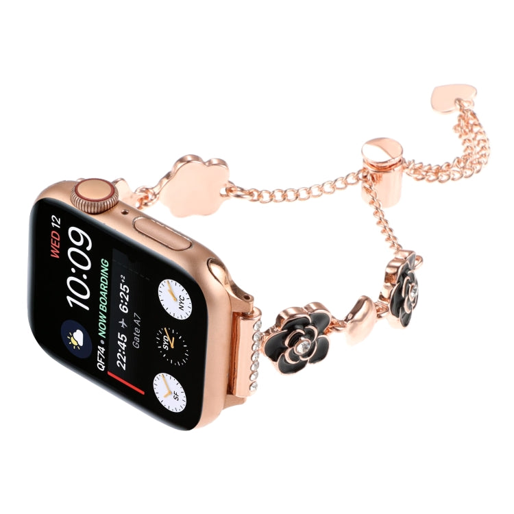 For Apple Watch Series 9 45mm Camellia Metal Chain Bracelet Watch Band(Black Rose Gold) - Watch Bands by PMC Jewellery | Online Shopping South Africa | PMC Jewellery