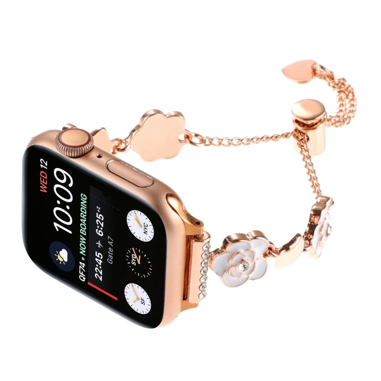 For Apple Watch Series 8 45mm Camellia Metal Chain Bracelet Watch Band(White Rose Gold) - Watch Bands by PMC Jewellery | Online Shopping South Africa | PMC Jewellery