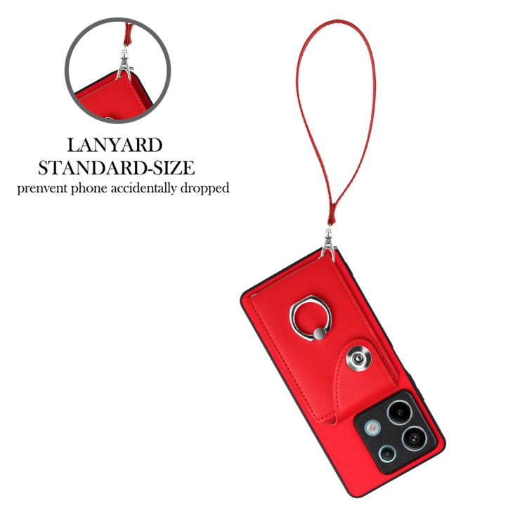 For Xiaomi Redmi Note 13 5G Global Organ Card Bag Ring Holder PU Phone Case with Lanyard(Red) - Note 13 Cases by PMC Jewellery | Online Shopping South Africa | PMC Jewellery | Buy Now Pay Later Mobicred