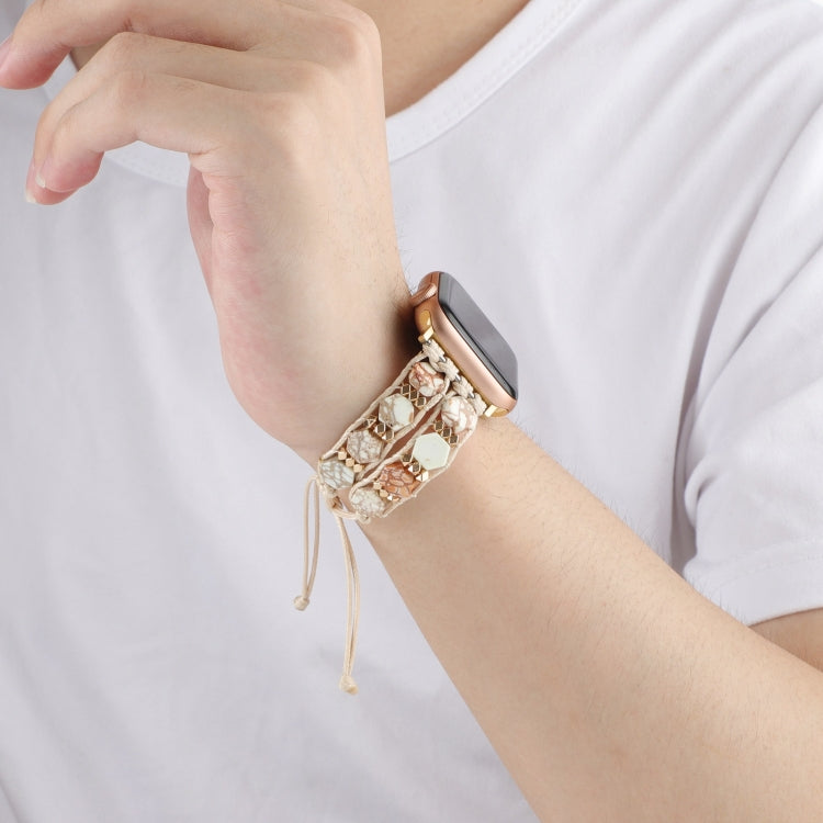 For Apple Watch Series 3 42mm Hexagonal Stones Drawstring Chain Watch Band(Beige) - Watch Bands by PMC TechLife | Online Shopping South Africa | PMC TechLife