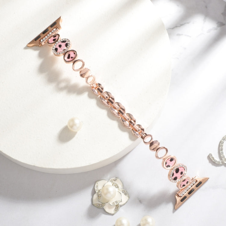 For Apple Watch Series 8 45mm Leopard Rhinestones Metal Chain Watch Band(Rose Gold) - Watch Bands by PMC Jewellery | Online Shopping South Africa | PMC Jewellery