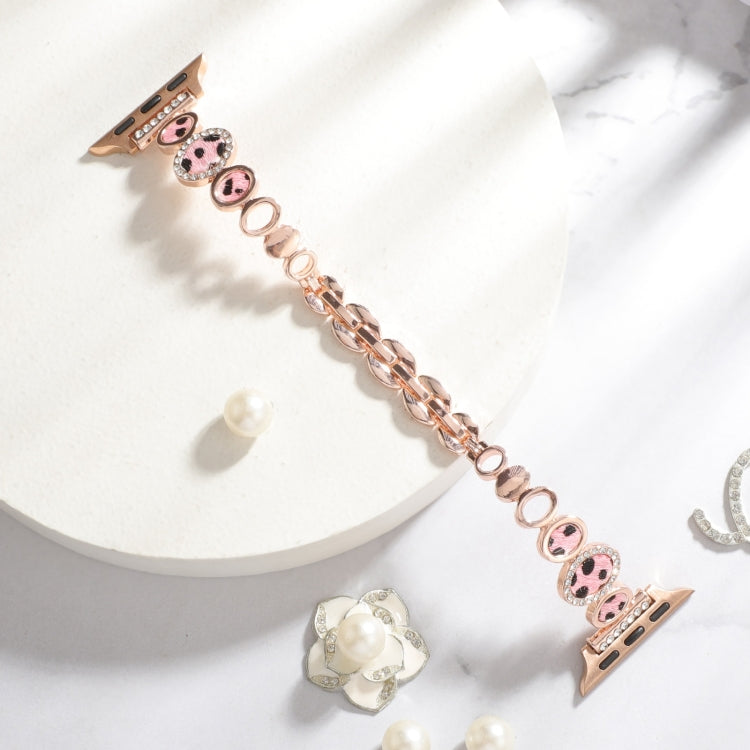 For Apple Watch Series 6 44mm Leopard Rhinestones Metal Chain Watch Band(Rose Gold) - Watch Bands by PMC Jewellery | Online Shopping South Africa | PMC Jewellery