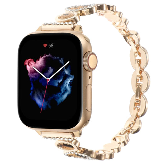 For Apple Watch 38mm Leopard Rhinestones Metal Chain Watch Band(Gold) - Watch Bands by PMC Jewellery | Online Shopping South Africa | PMC Jewellery