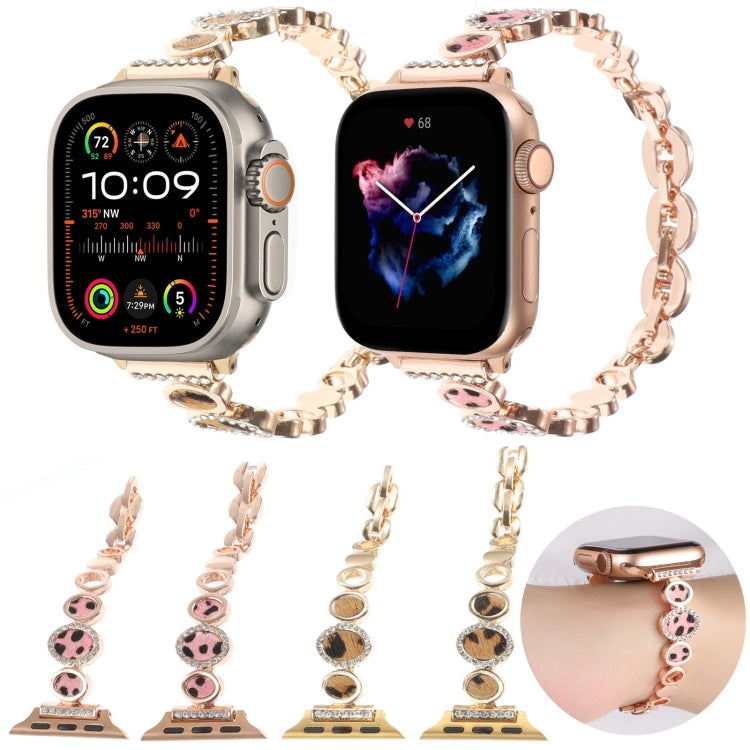 For Apple Watch Series 3 42mm Leopard Rhinestones Metal Chain Watch Band(Rose Gold) - Watch Bands by PMC Jewellery | Online Shopping South Africa | PMC Jewellery