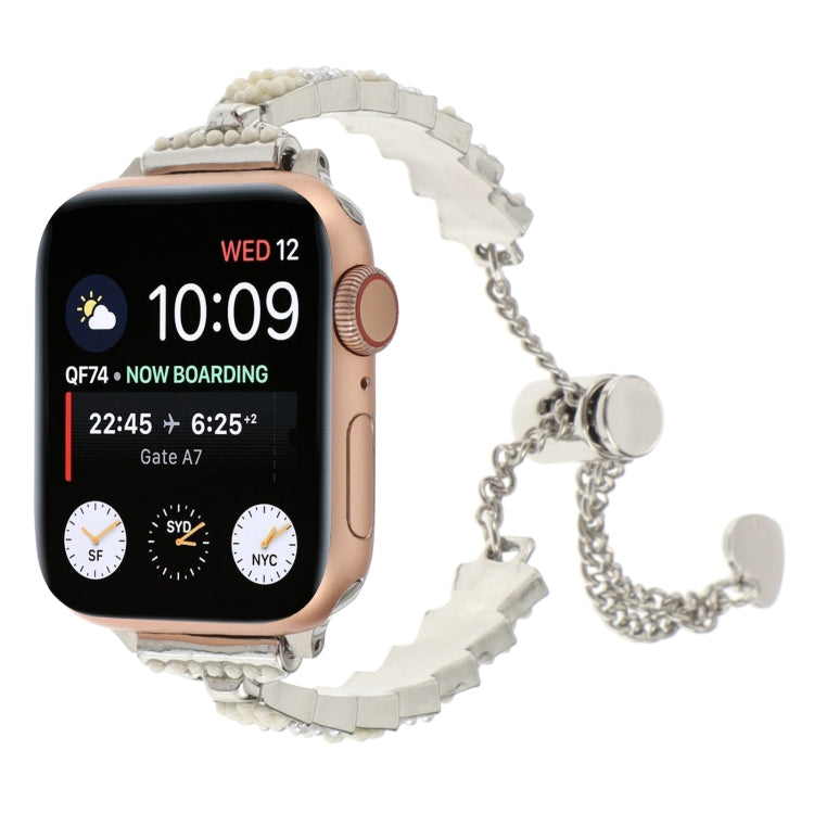 For Apple Watch Series 9 45mm Shell Beads Chain Bracelet Metal Watch Band(Beige White Silver) - Watch Bands by PMC Jewellery | Online Shopping South Africa | PMC Jewellery