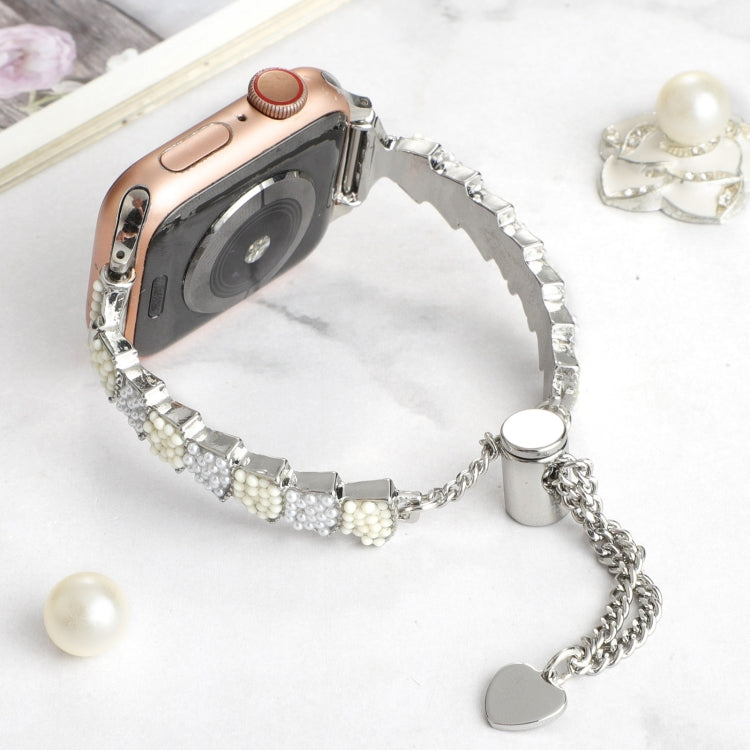 For Apple Watch 38mm Shell Beads Chain Bracelet Metal Watch Band(Beige White Silver) - free shipping - PMC TechLife - Order now!