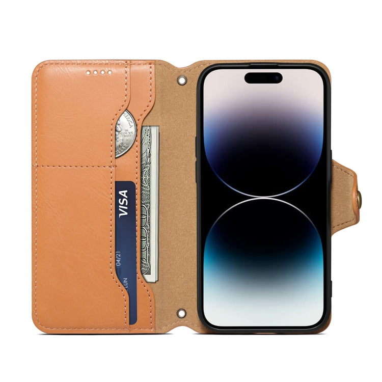 For iPhone 16 Pro Denior Cowhide Texture Wallet Style Leather Phone Case(Khaki) - iPhone 16 Pro Cases by Denior | Online Shopping South Africa | PMC Jewellery | Buy Now Pay Later Mobicred