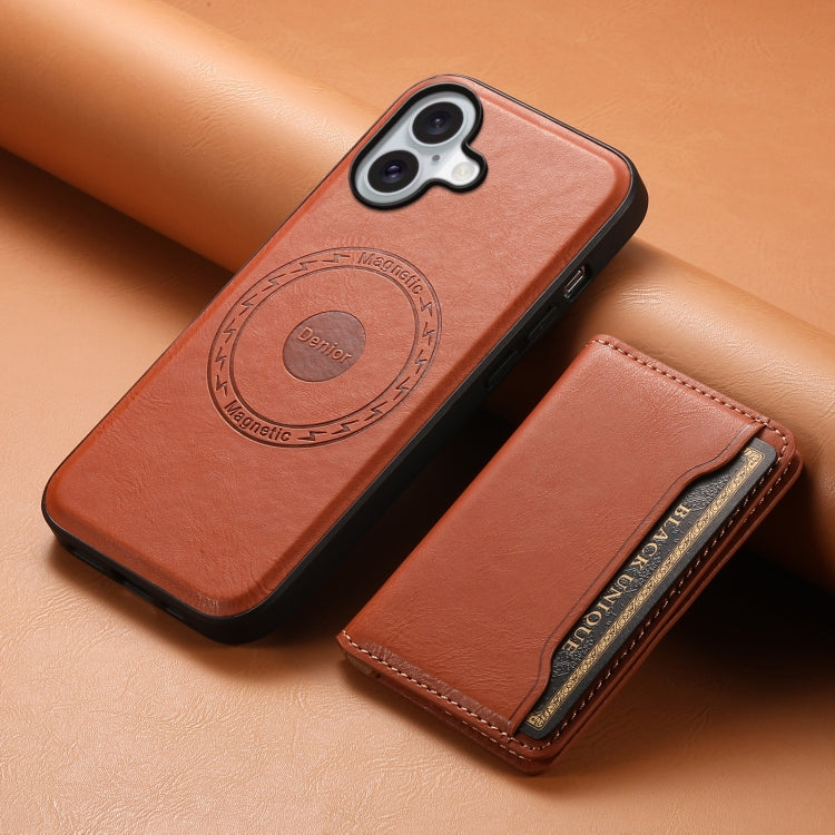 For iPhone 16 Denior Cowhide Texture Leather MagSafe Detachable Wallet Phone Case(Brown) - iPhone 16 Cases by Denior | Online Shopping South Africa | PMC TechLife | Buy Now Pay Later Mobicred