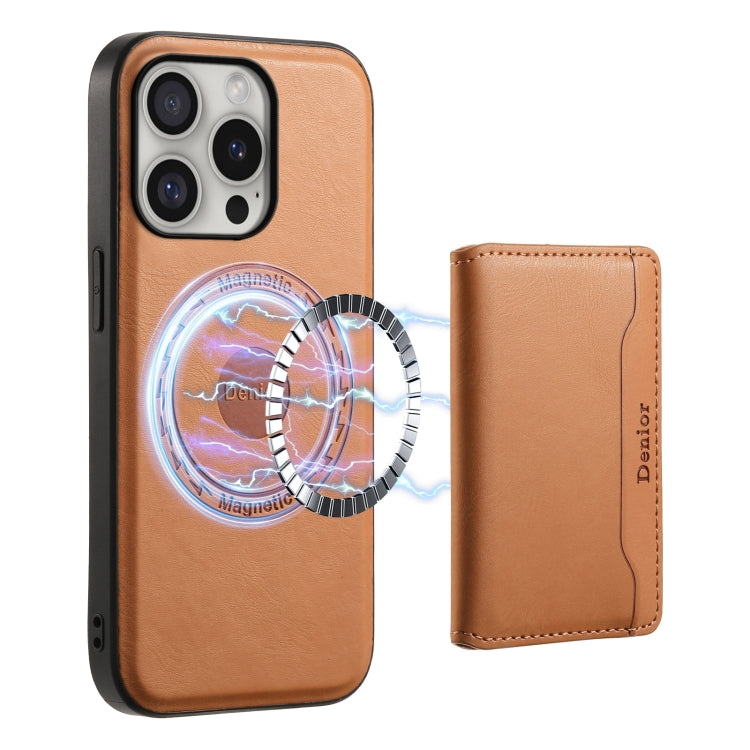 For iPhone 16 Pro Max Denior Cowhide Texture Leather MagSafe Detachable Wallet Phone Case(Khaki) - iPhone 16 Pro Max Cases by Denior | Online Shopping South Africa | PMC TechLife | Buy Now Pay Later Mobicred