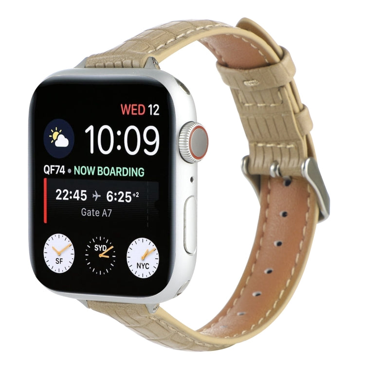 For Apple Watch SE 2023 40mm Slim Crocodile Leather Watch Band(Khaki) - Watch Bands by PMC Jewellery | Online Shopping South Africa | PMC Jewellery