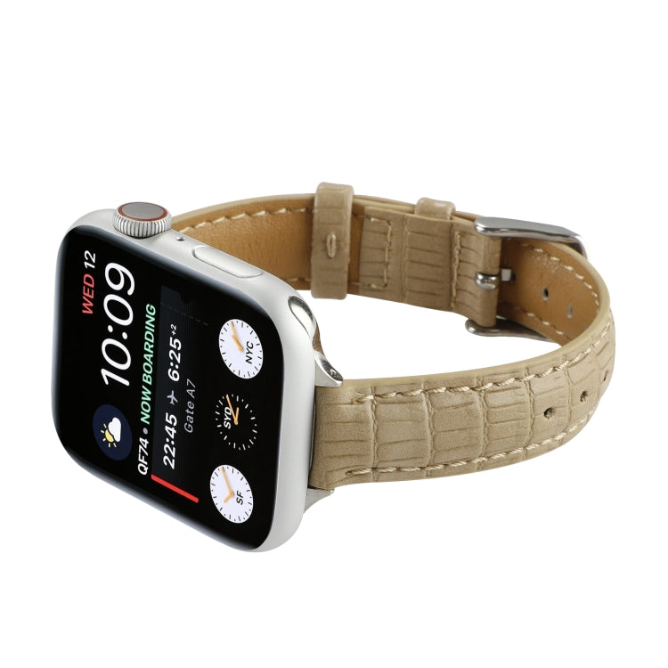 For Apple Watch SE 2023 40mm Slim Crocodile Leather Watch Band(Khaki) - Watch Bands by PMC Jewellery | Online Shopping South Africa | PMC Jewellery