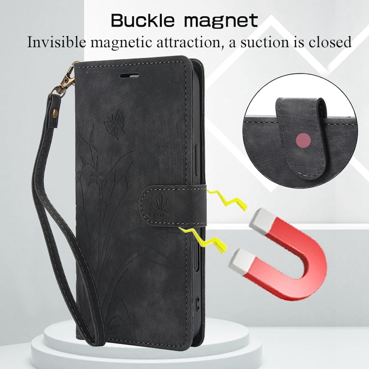For iPhone 16 Orchid Butterfly Embossed Leather Phone Case(Black) - iPhone 16 Cases by PMC TechLife | Online Shopping South Africa | PMC TechLife | Buy Now Pay Later Mobicred