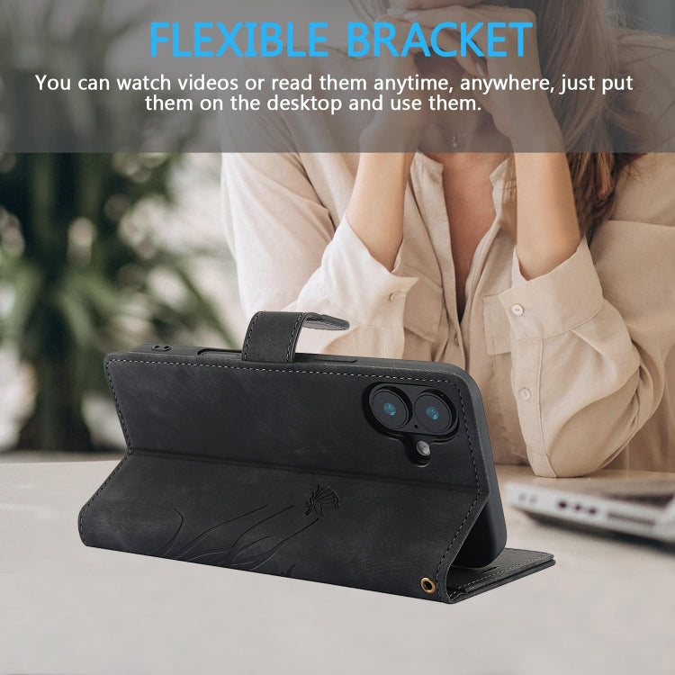 For iPhone 16 Orchid Butterfly Embossed Leather Phone Case(Black) - iPhone 16 Cases by PMC TechLife | Online Shopping South Africa | PMC TechLife | Buy Now Pay Later Mobicred