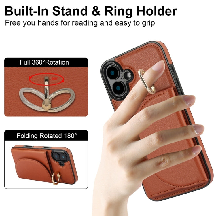For iPhone 16 YM007 Ring Holder Card Bag Skin Feel Phone Case(Brown) - iPhone 16 Cases by PMC TechLife | Online Shopping South Africa | PMC TechLife | Buy Now Pay Later Mobicred