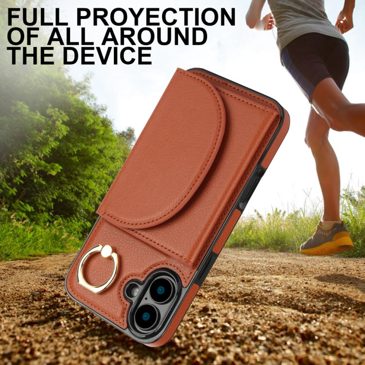 For iPhone 16 YM007 Ring Holder Card Bag Skin Feel Phone Case(Brown) - iPhone 16 Cases by PMC TechLife | Online Shopping South Africa | PMC TechLife | Buy Now Pay Later Mobicred