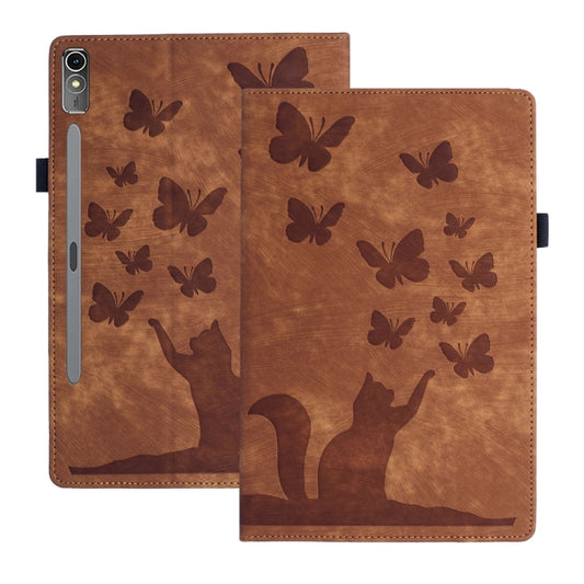 For Lenovo Tab P12 / Xiaoxin Pad Pro 12.7 Butterfly Cat Embossing Leather Tablet Case(Brown) - Lenovo by PMC Jewellery | Online Shopping South Africa | PMC Jewellery | Buy Now Pay Later Mobicred