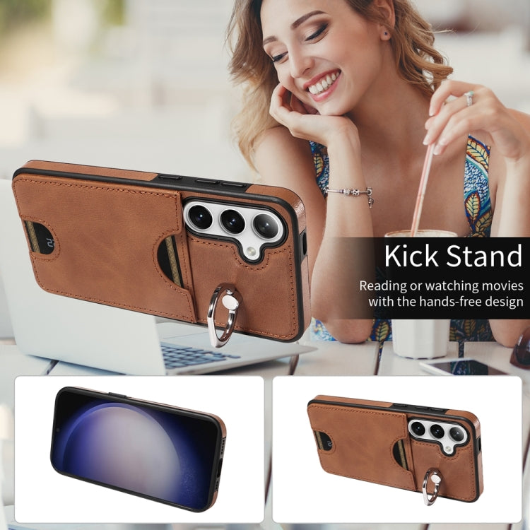 For Samsung Galaxy S24 5G Calf Texture Card Slot Ring Holder Phone Case(Brown) - Galaxy S24 5G Cases by PMC TechLife | Online Shopping South Africa | PMC TechLife