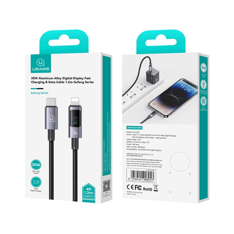 USAMS US-SJ672 Type-C To 8 Pin 30W Fast Charge Digital Display Data Cable, Length: 1.2m(Black) - free shipping - PMC Jewellery - Order now!