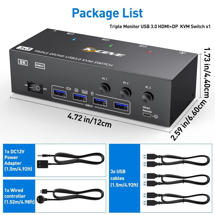 KC-KVM303DH 8K 60Hz USB3.0 DP+DP+HDMI Triple Monitors KVM Switch(US Plug) - Switch by PMC TechLife | Online Shopping South Africa | PMC TechLife | Buy Now Pay Later Mobicred