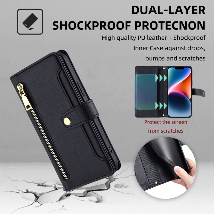 For Itel P55+ 4G Sheep Texture Cross-body Zipper Wallet Leather Phone Case(Black) - More Brand by PMC TechLife | Online Shopping South Africa | PMC TechLife | Buy Now Pay Later Mobicred