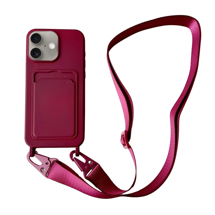 For iPhone 16 Card Slot Liquid Silicone Phone Case with Lanyard(Wine Red) - iPhone 16 Cases by PMC TechLife | Online Shopping South Africa | PMC TechLife | Buy Now Pay Later Mobicred