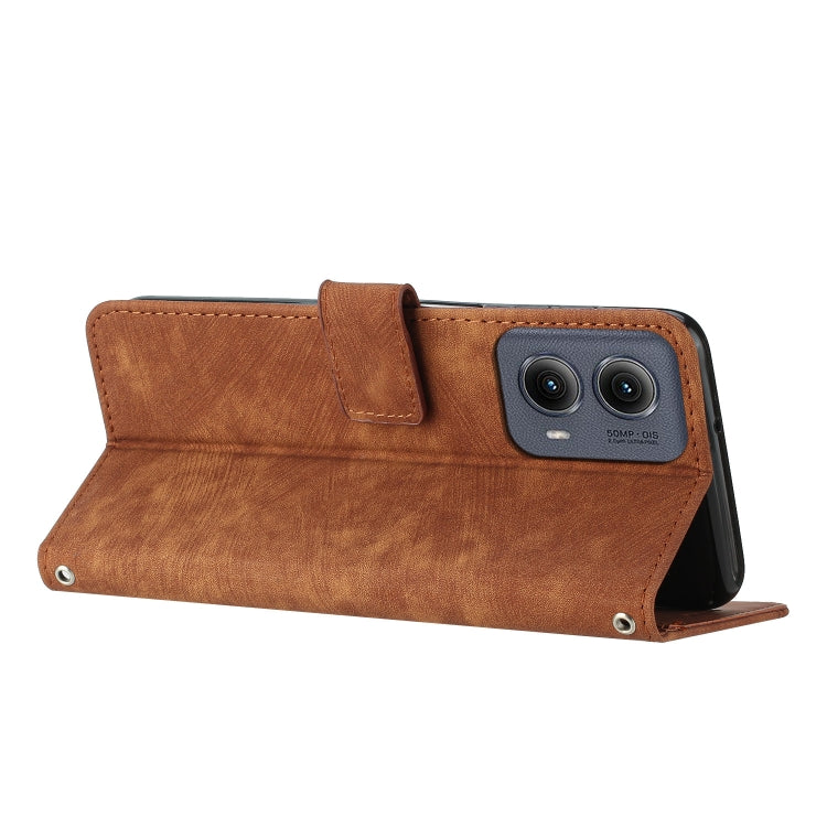 For Motorola Edge 2024 Skin Feel Stripe Pattern Leather Phone Case with Long Lanyard(Brown) - Motorola Cases by PMC Jewellery | Online Shopping South Africa | PMC Jewellery | Buy Now Pay Later Mobicred