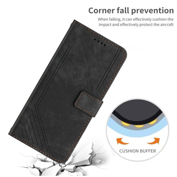 For Motorola Edge 2024 Skin Feel Stripe Pattern Leather Phone Case with Long Lanyard(Black) - free shipping - PMC Jewellery - Order now!
