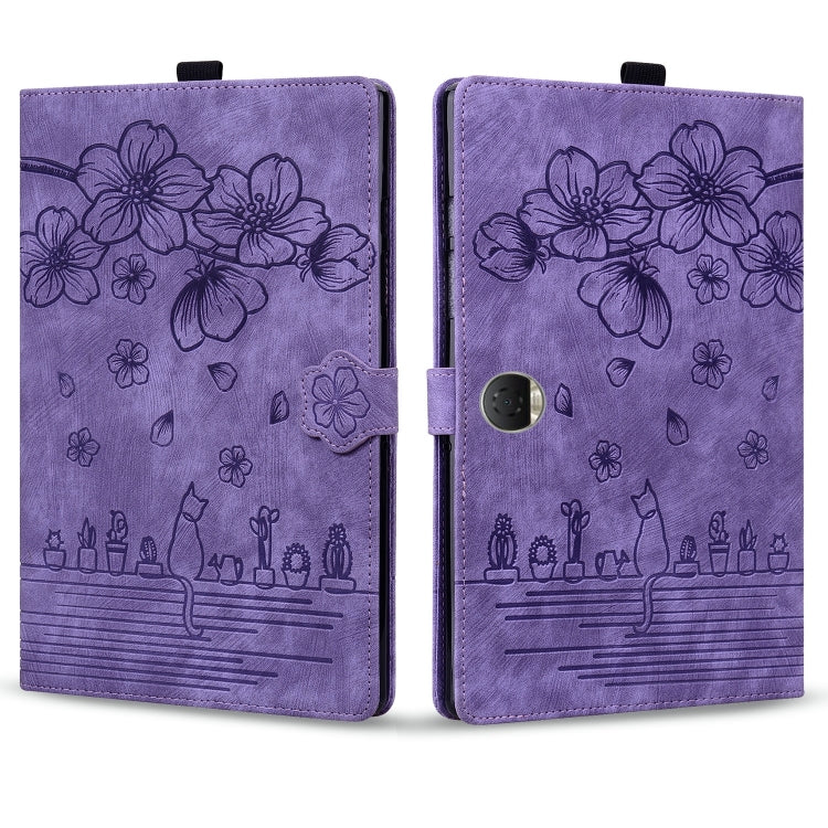 For Honor Pad 9 Cartoon Sakura Cat Embossed Leather Tablet Case(Purple) - Honor by PMC TechLife | Online Shopping South Africa | PMC TechLife | Buy Now Pay Later Mobicred