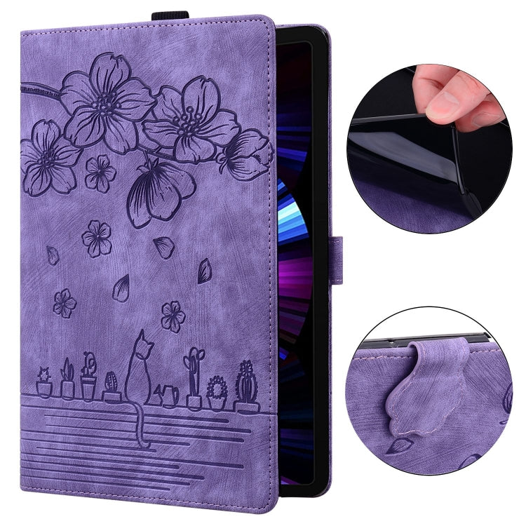 For Honor Pad 9 Cartoon Sakura Cat Embossed Leather Tablet Case(Purple) - Honor by PMC TechLife | Online Shopping South Africa | PMC TechLife | Buy Now Pay Later Mobicred
