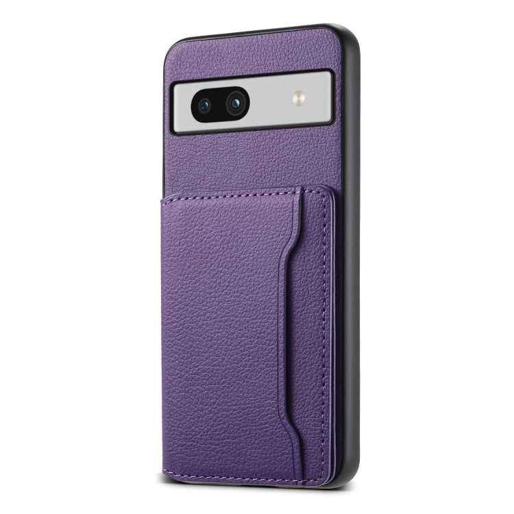 For Google Pixel 7a Calf Texture Card Bag Design Full Coverage Phone Case(Purple) - Google Cases by PMC TechLife | Online Shopping South Africa | PMC TechLife | Buy Now Pay Later Mobicred