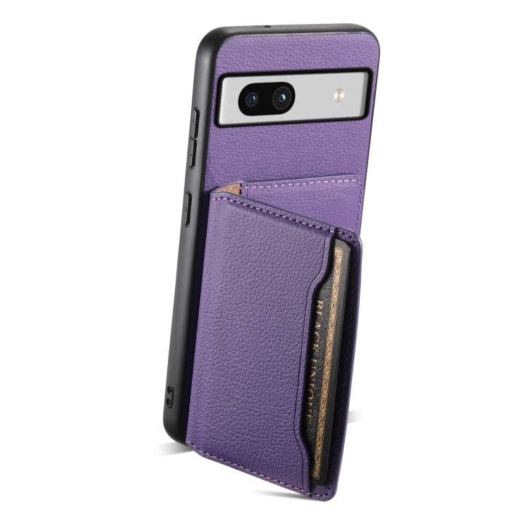 For Google Pixel 7a Calf Texture Card Bag Design Full Coverage Phone Case(Purple) - Google Cases by PMC TechLife | Online Shopping South Africa | PMC TechLife | Buy Now Pay Later Mobicred