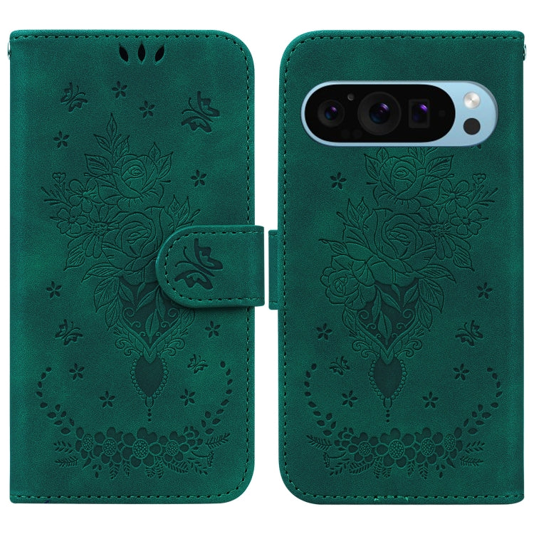 For Google Pixel 9 Butterfly Rose Embossed Leather Phone Case(Green) - Google Cases by PMC TechLife | Online Shopping South Africa | PMC TechLife | Buy Now Pay Later Mobicred