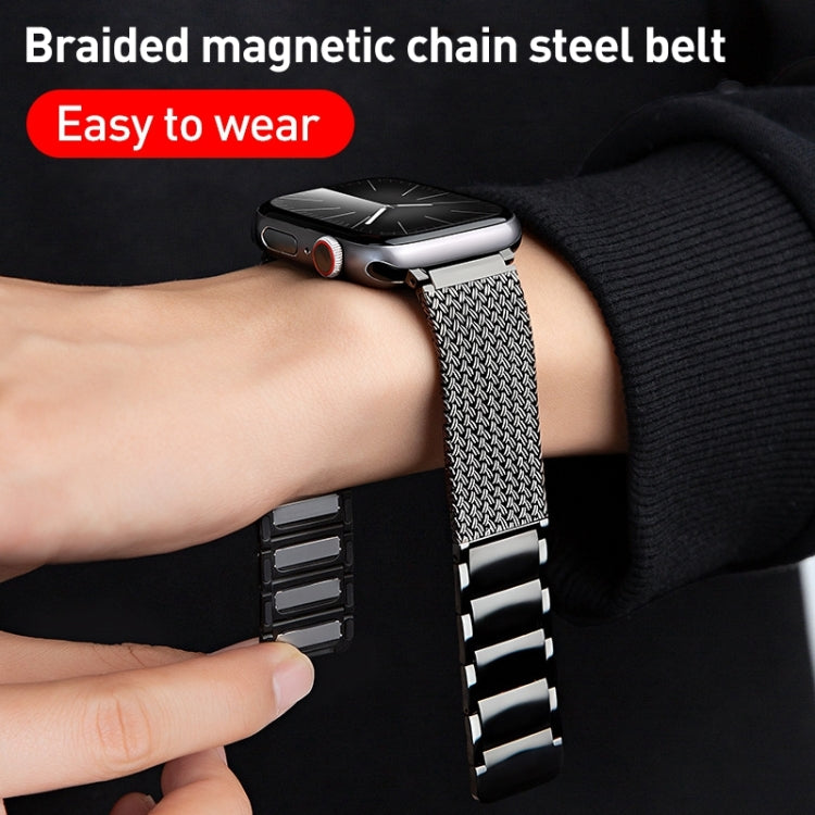 For Apple Watch Series 8 45mm Magnetic Clasp Braided Chain Stainless Steel Watch Band(Black) - Watch Bands by PMC Jewellery | Online Shopping South Africa | PMC Jewellery