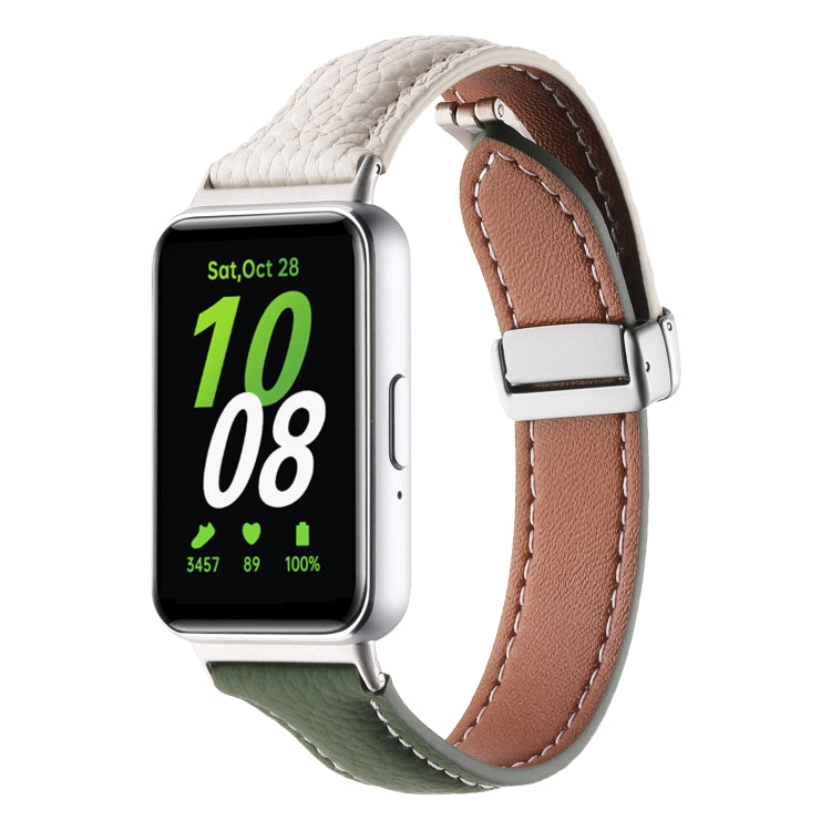 For Samsung Galaxy Fit 3 Litchi Texture Magnetic Buckle Slim Leather Watch Band(Milk White+Dark Green) - Watch Bands by PMC Jewellery | Online Shopping South Africa | PMC Jewellery