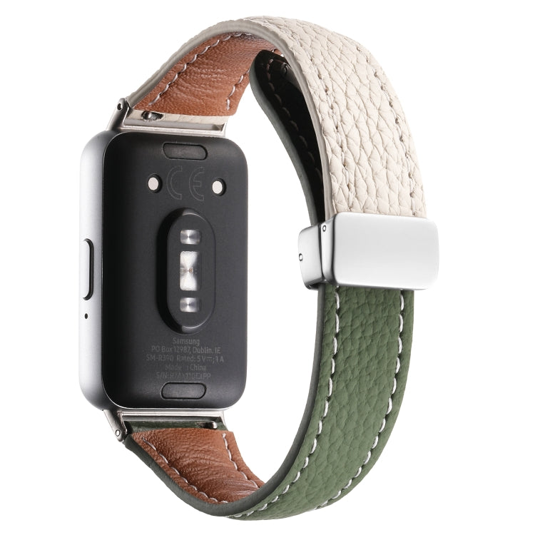 For Samsung Galaxy Fit 3 Litchi Texture Magnetic Buckle Slim Leather Watch Band(Milk White+Dark Green) - Watch Bands by PMC Jewellery | Online Shopping South Africa | PMC Jewellery