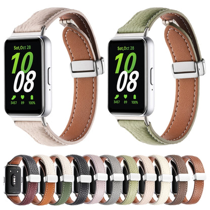 For Samsung Galaxy Fit 3 Litchi Texture Magnetic Buckle Slim Leather Watch Band(Milk White+Dark Green) - Watch Bands by PMC Jewellery | Online Shopping South Africa | PMC Jewellery