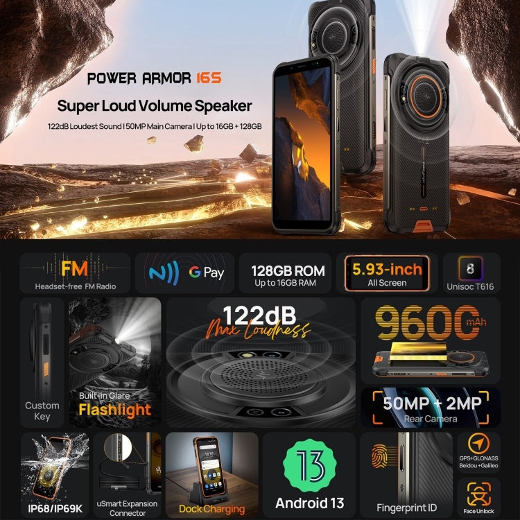 Ulefone Power Armor 16S Rugged Phone, 8GB+128GB, 9600mAh Battery, Side Fingerprint, 5.93 inch Android 13 Unisoc T616 Octa Core up to 2.0GHz, Network: 4G, NFC, OTG(Orange) - Ulefone by Ulefone | Online Shopping South Africa | PMC Jewellery | Buy Now Pay Later Mobicred