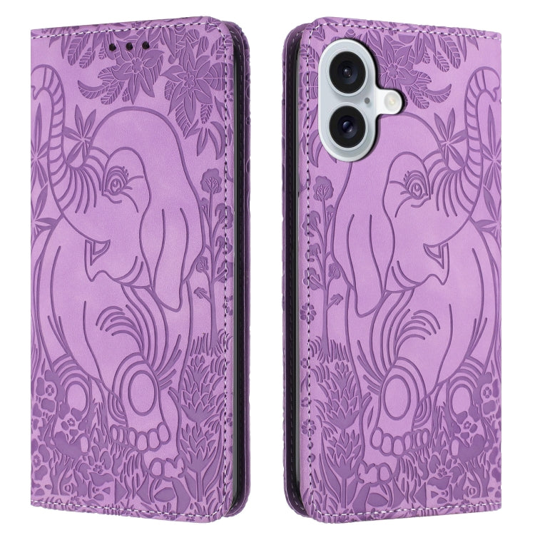For iPhone 16 Retro Elephant Embossed Leather Phone Case(Purple) - iPhone 16 Cases by PMC TechLife | Online Shopping South Africa | PMC TechLife | Buy Now Pay Later Mobicred