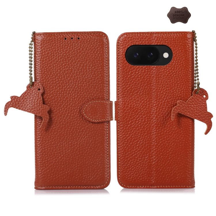 For Google Pixel 9a Genuine Leather Litchi Texture RFID Leather Phone Case(Coffee) - Google Cases by PMC TechLife | Online Shopping South Africa | PMC TechLife | Buy Now Pay Later Mobicred