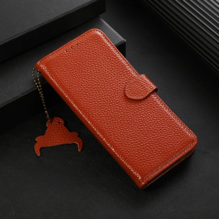 For Google Pixel 9a Genuine Leather Litchi Texture RFID Leather Phone Case(Coffee) - Google Cases by PMC TechLife | Online Shopping South Africa | PMC TechLife | Buy Now Pay Later Mobicred