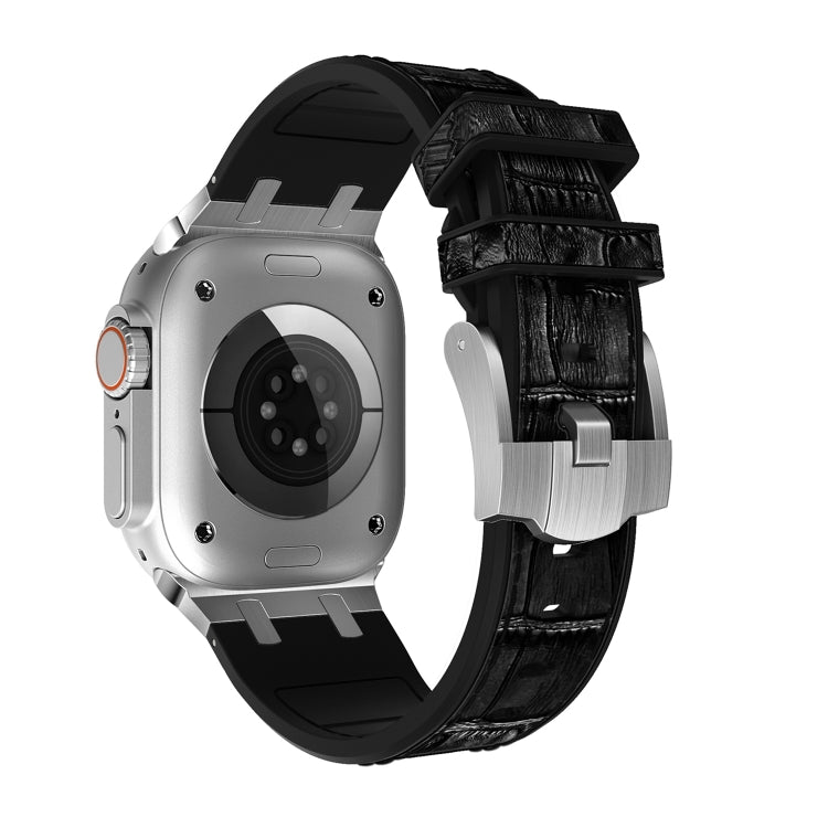 For Apple Watch SE 2023 44mm Crocodile Texture Liquid Silicone Watch Band(Silver Black) - Watch Bands by PMC TechLife | Online Shopping South Africa | PMC TechLife