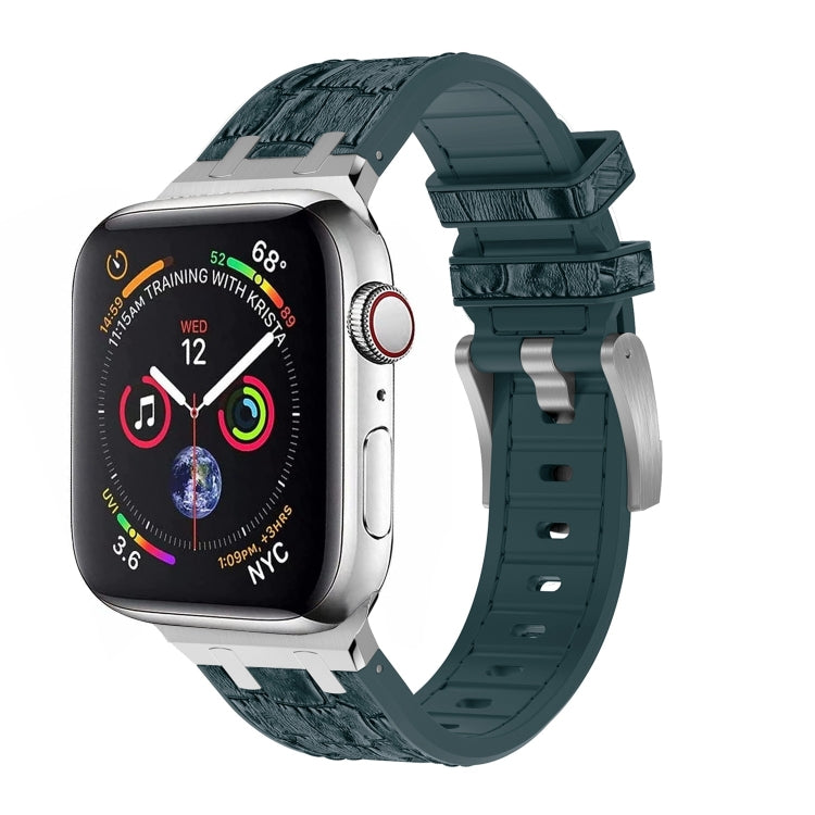 For Apple Watch SE 2023 40mm Crocodile Texture Liquid Silicone Watch Band(Silver Deep Green) - Watch Bands by PMC TechLife | Online Shopping South Africa | PMC TechLife