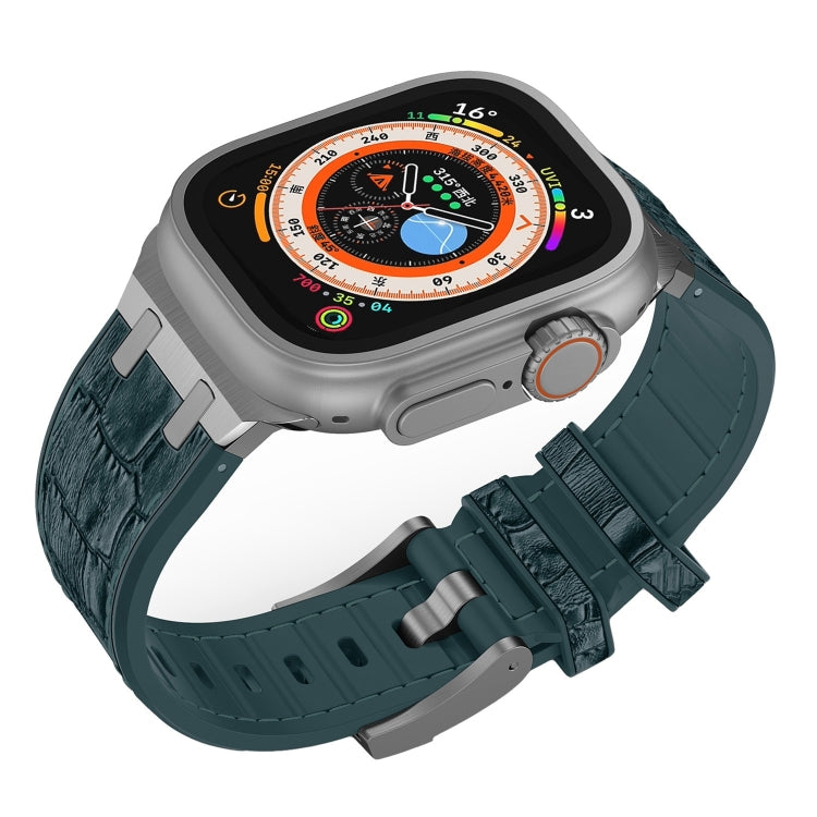 For Apple Watch Ultra 49mm Crocodile Texture Liquid Silicone Watch Band(Silver Deep Green) - Watch Bands by PMC TechLife | Online Shopping South Africa | PMC TechLife